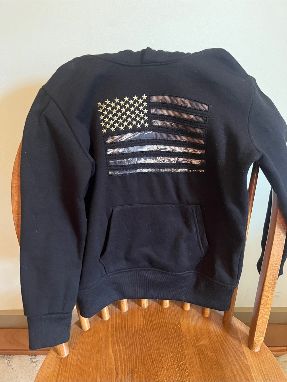 Mossy Oak Black Kids Hoodie with American Flag Detail